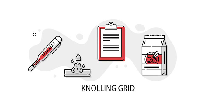 A clinical thermometer, liquid droplet icon, clipboard document, and packaged food product are displayed in a clean, minimalist knolling grid style.