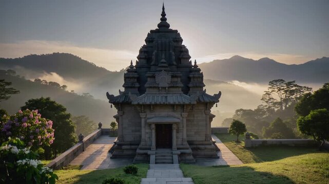 Serene temple with a tiered roof and stone pathway in a lush green landscape at sunrise