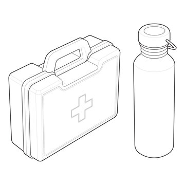 Portable vehicle emergency case and insulated bottle outline for basecamp patch vector