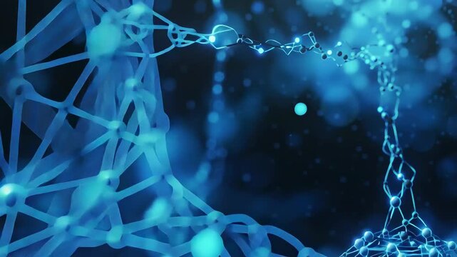 Molecular bonds and nodes in motion reminiscent of DNA structure or neural network, monochrome blue tones