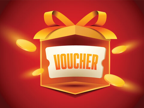 3d opened gift box with voucher inside in red background. Promotion design  for e-commerce and marketing campaign.