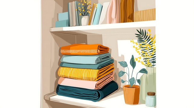 A stack of colorful folded blankets and textiles sits neatly on a shelf in a cozy room decorated with potted plants and books to create a warm atmosphere