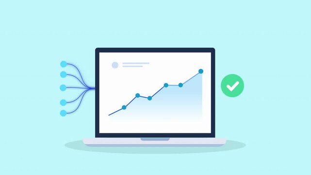 Minimal flat animation of a laptop displaying a rising data chart with incoming data lines and a checkmark icon, representing analytics, task completion, and successful performance results.
