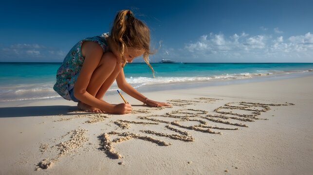 Young girl writing in sand on a beautiful beach with ocean waves and blue sky