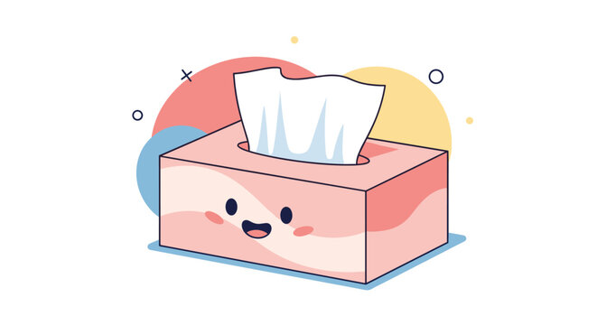 Cute pink tissue box character with a happy face and rosy cheeks offers a soft white tissue in this friendly household item cartoon.