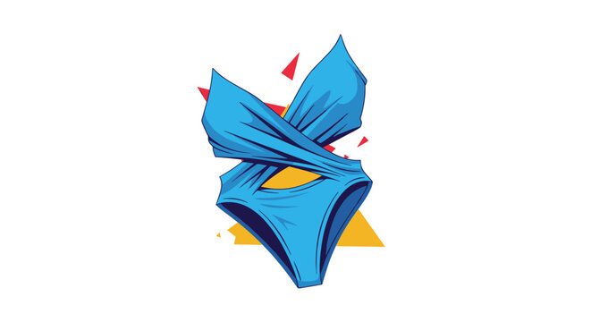Stylish blue one piece swimsuit with a wrap design is displayed against a modern background of geometric yellow and red triangles.