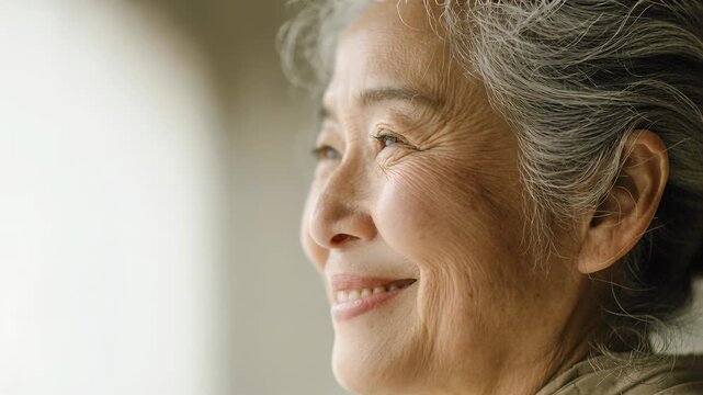 Close-up portrait of joyful elderly Asian woman laughing with bright smile indoors