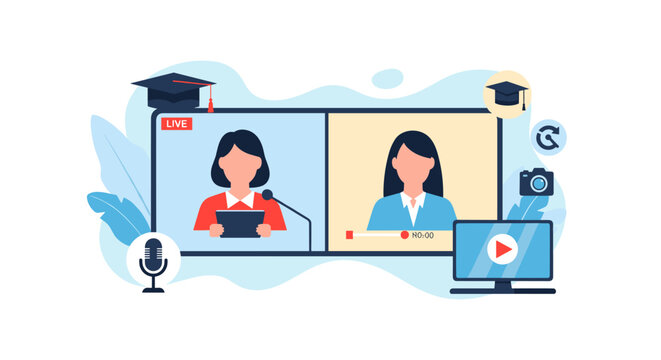 A digital graphic shows a dual-panel interface with a speaker on the left and a video player on the right during a live academic webinar presentation session.