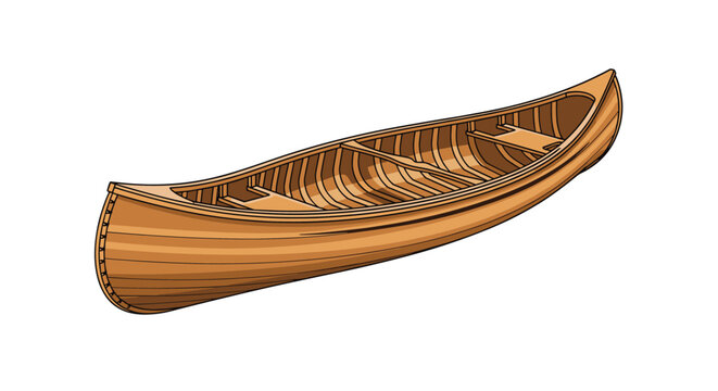 Traditional long wooden canoe boat with a detailed plank construction shown from a three quarter perspective view.