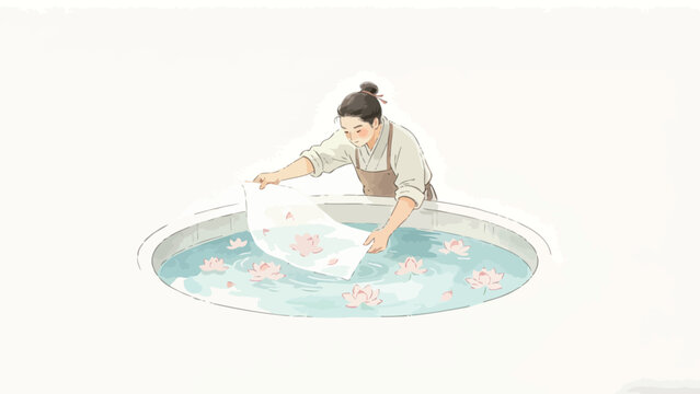 A traditional watercolor illustration of an ancient East Asian artisan creating lotus-patterned handmade paper by pressing the sheet into a round pool of clear water dotted with pink lotus blooms
