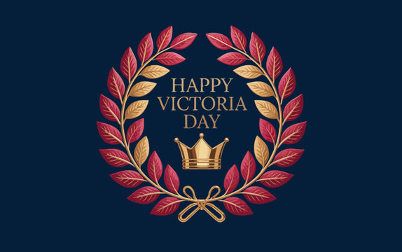 Premium Victoria Day banner with gold crown and laurel wreath on navy blue