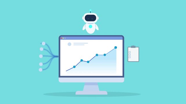 Minimal flat animation of a desktop monitor displaying a rising data chart with connected nodes and a robot assistant, representing AI analytics, automation, and intelligent data processing.