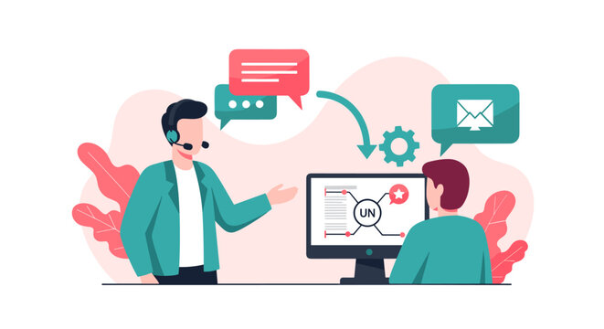 An IT specialist with a headset explains digital mail messaging systems to an employee via a computer display showing a network node map in a light office space.