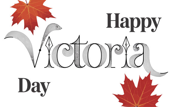 Happy Victoria Day greeting with ornamental typography and red maple leaves