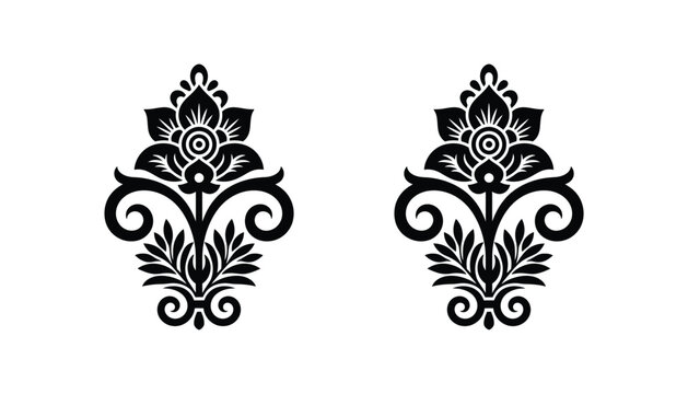 Intricate black floral motif with scrolling leaves and symmetrical design on white background vector illustration