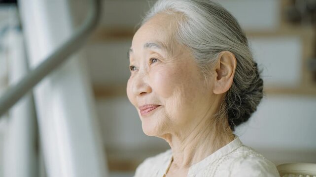 Gentle elderly Asian woman with white hair smiling peacefully in warm interior