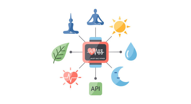 A central wearable device icon displaying a heart rate graph with lines connecting to various health and fitness themed icons on a clean white background surface.