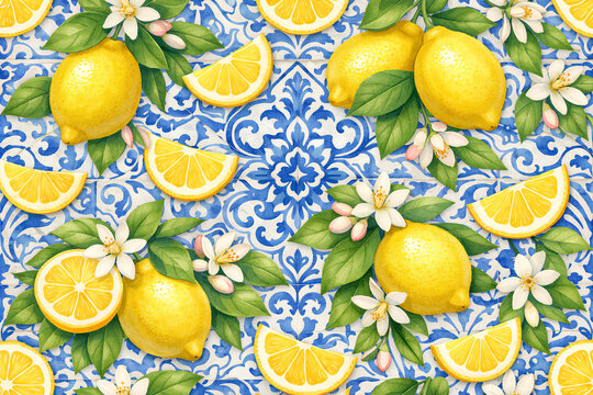 Bright lemon and blossom pattern on blue and white ceramic tiles with citrus slices, green leaves and watercolor Mediterranean kitchen style
