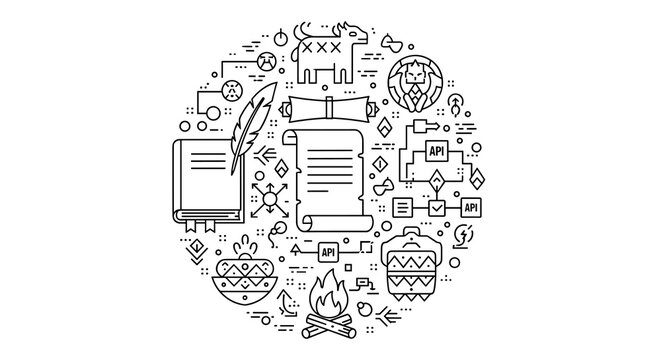 A detailed circular composition of black ink illustrations including scrolls, feather quills, and cultural tribal patterns centered around a document on a plain surface.