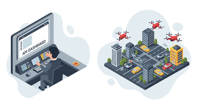 An office worker manages a city simulation on a large computer terminal while drones fly over a dense urban grid with isometric building structures.