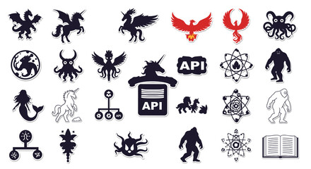 A series of black and white silhouette icons depicting legendary mythical beasts and scientific atomic structures arranged symmetrically on a clean white background with sharp edge