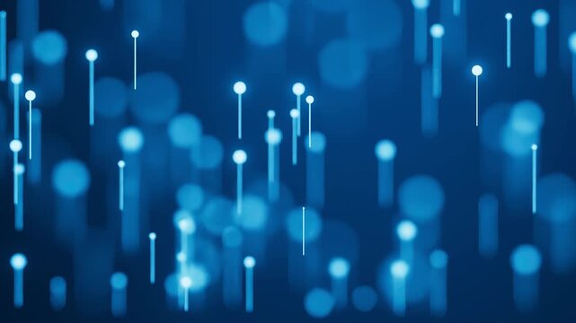 Bright blue lines with dots fall towards the bottom of the screen in a digital scene with light patterns.