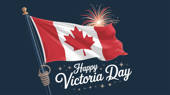 Happy Victoria Day banner with waving Canadian flag and fireworks in the night sky