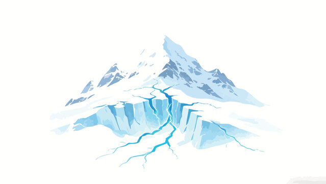 Minimalist Illustration of a Cracked Snow-Covered Alpine Peak, Highlighting Climate Change Driven Glacial Crevassing With Soft Cool Tones Against a Plain White Background