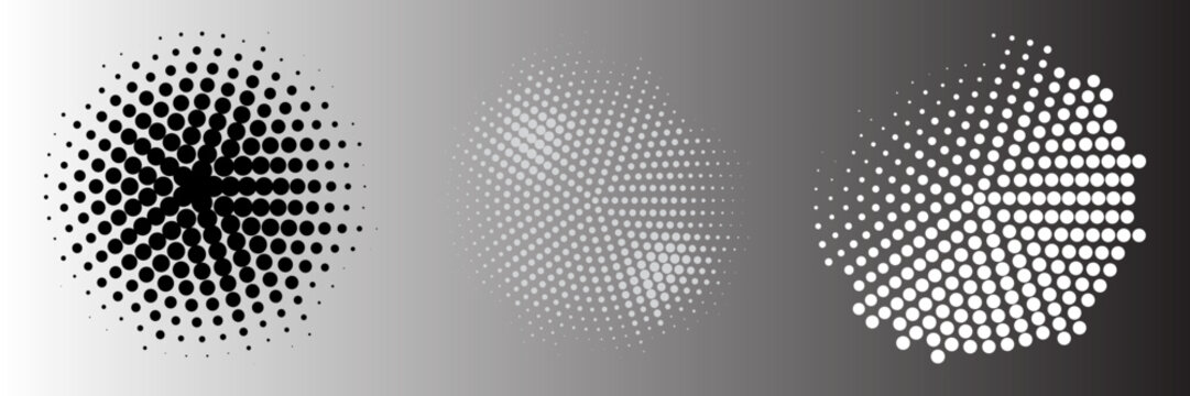 Halftone gradient set. Dotted textured round and square patterns. Cartoon faded background collection. Pixelated bitmap element pack for frame, poster, collage, banner. Vector comic bundle