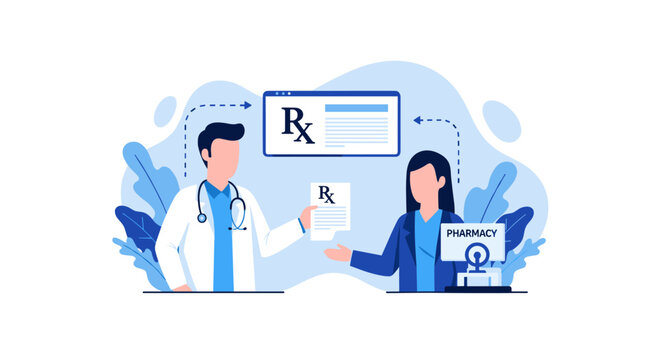 A physician presents a digital prescription to a pharmacist standing at a pharmacy counter within a clean medical flow illustration using a soft blue aesthetic.