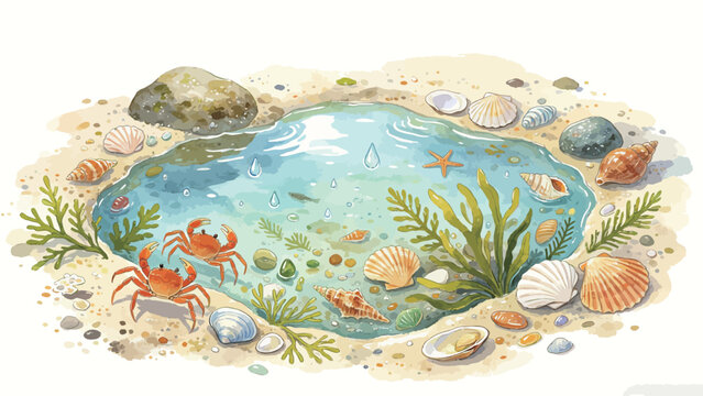Watercolor Illustration of a Tranquil Coastal Tide Pool on a Sandy Beach, Filled with Marine Life including Crabs, Starfish, Assorted Seashells, Seaweed and Small Fish, With Falling Droplets
