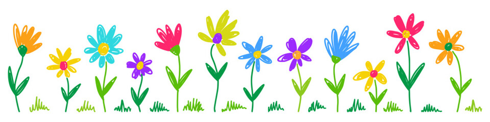 Vector horizontal pattern of flowers hand drawn in doodle style © Abundzu