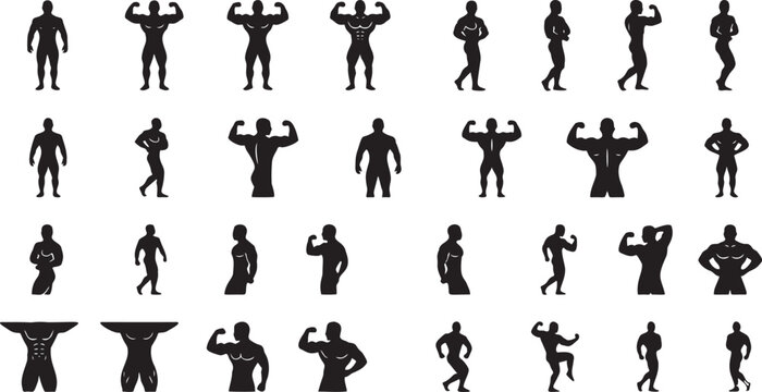 Bodybuilding Competition Posing and Muscle Flexing Silhouette Set.