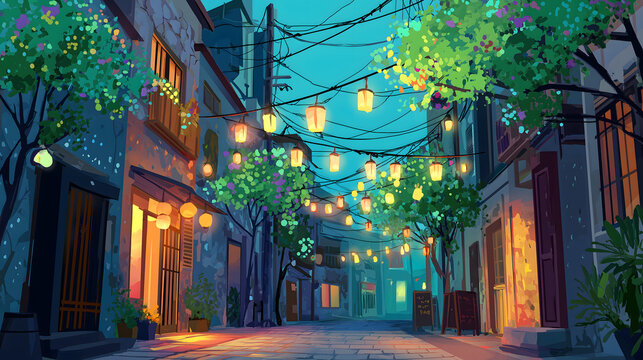 A quiet stone street in an old town at night illuminated by many hanging yellow lanterns and glowing shop lights amidst trees and dark blue evening shadows