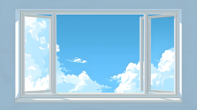 A view of the bright blue sky with fluffy white clouds through an open white window frame on a sunny day in a peaceful home setting