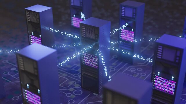 Data centers connect with glowing nodes on a circuit board at night while network activity takes place.