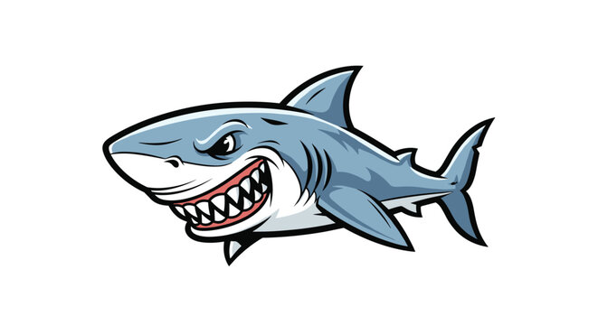 Predatory great white shark with sharp teeth and an aggressive expression swimming in the ocean isolated on white background.