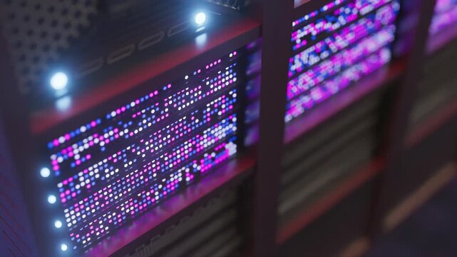 Bright lights and patterns show data on screens in a server room at night with servers arranged in neat rows.