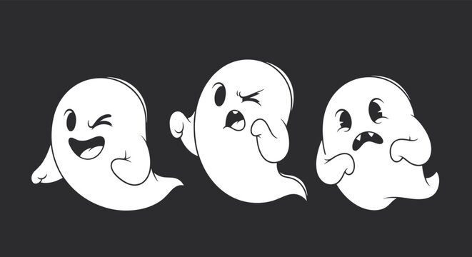 Trio of friendly white ghosts with playful expressions and winking eyes are set against a solid dark gray background.
