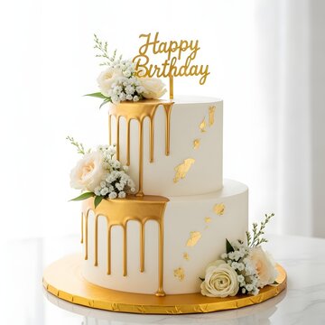 Elegant two tier birthday cake with gold accents a stunning 'happy birthday' celebration