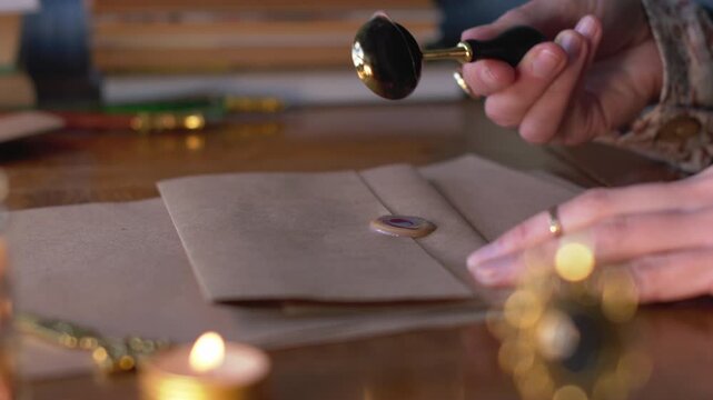 A girl's hand transfers wax to a letter and then presses a wax seal into the hot wax to seal the letter. Close-up.
