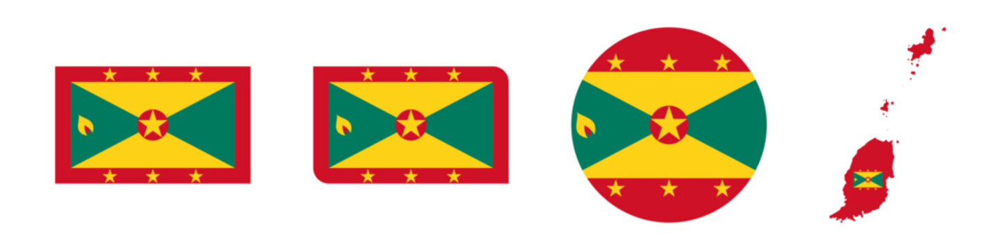 grenada circular, grenada rectangular, and grenada map flag flat icon