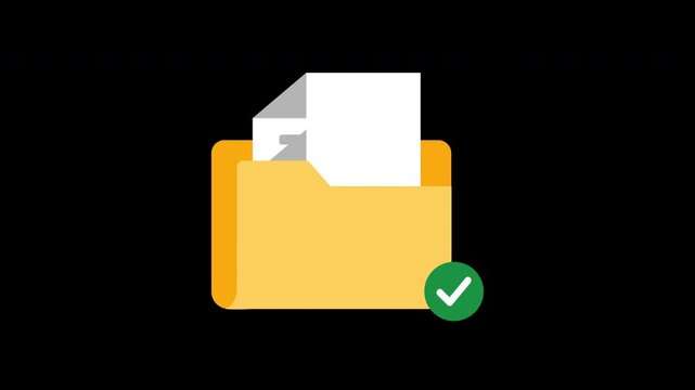 Verified folder icon in an alpha channel. Approved document in the folder concept. File validation and approval symbol in a cartoon animation Secure file storage