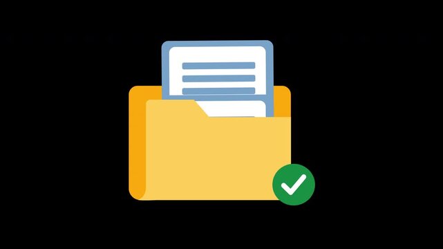 Verified folder icon in an alpha channel. Approved document in the folder concept. File validation and approval symbol in a cartoon animation. Secure file storage