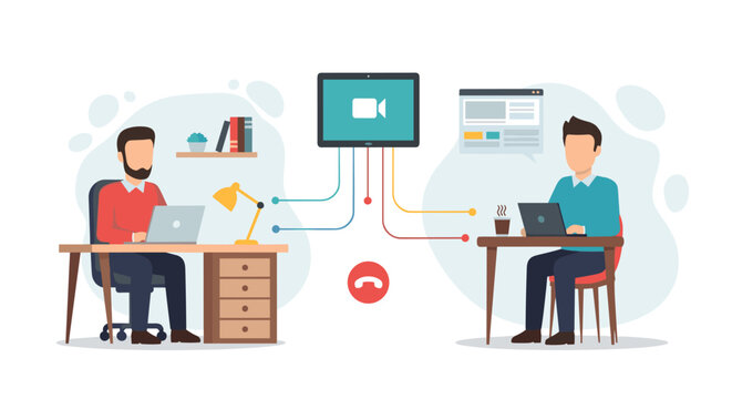 Two professional individuals work on their separate laptops while connected via a central video conferencing hub with a red call disconnect button on a clean white background.