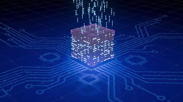 Digital cube with data streams and circuit patterns on a blue background showing technology and innovation in computing systems.