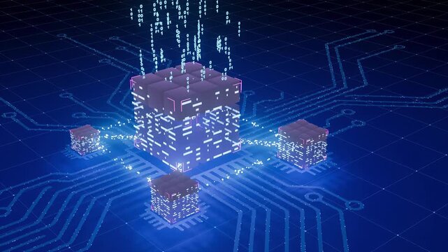 Digital network connection builds a complex structure with data streams flowing in bright colors.