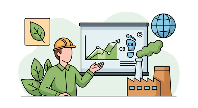 A professional in a yellow hard hat explains an environmental carbon footprint graph displayed on a board alongside factory structures and green leaf motifs.