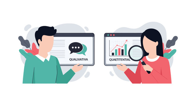 A man and woman display qualitative and quantitative data charts on two separate screens using a magnifying glass to analyze business trends in a bright office.