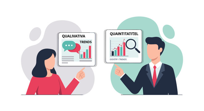 A woman and a businessman in a suit indicate qualitative trend analysis and quantitative data charts on two screens in a professional corporate meeting environment.